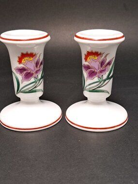 A pair of VTG Porcelain or Ceramic Floral Taper Candlestick Holders